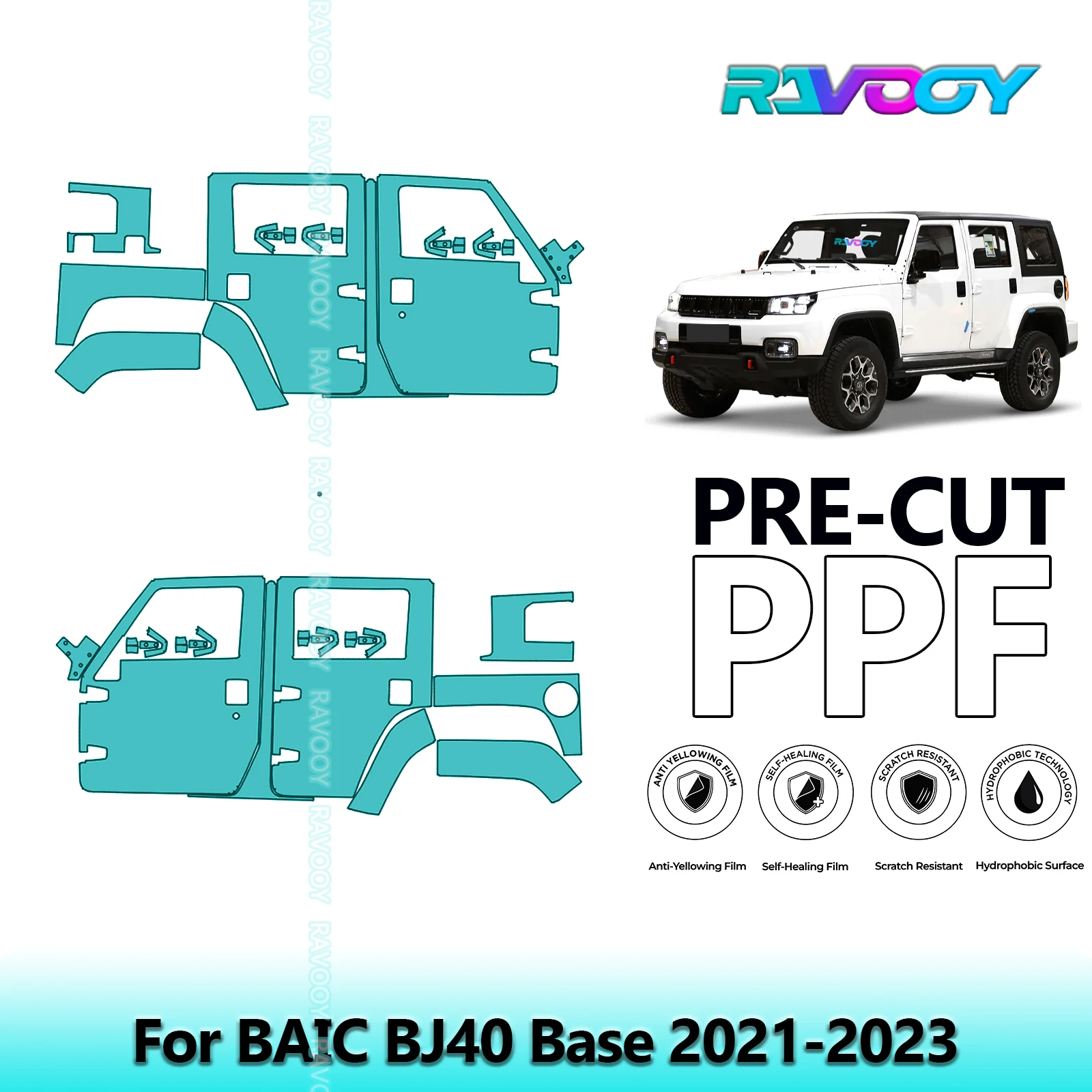 

For BAIC BJ40 Base 2021-2023 8.5mil Clear Matte Pre-Cut PPF Door & A/B Pillar Kit TPU Paint Protection Film Set