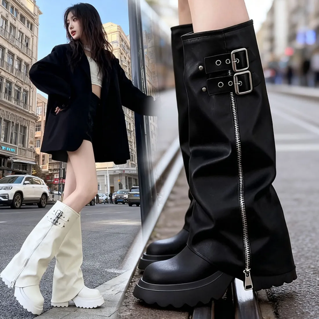 

Winter Women Biker Boots Fashion Belt Buckle Ladies Elegant Platform Long Pipe Booties Casual Women's Knee High Booties