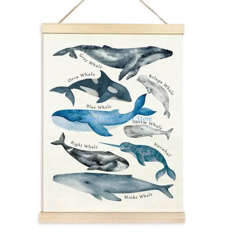 N5KC Whales Poster Alphabets Chart for Children Room Homeschooling Sea Lifes Beach