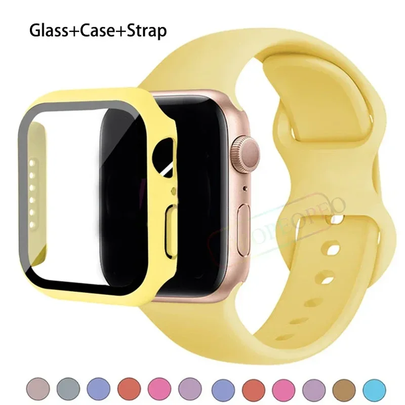 Glass+Case+Strap For Apple Watch band 44mm 41mm 45mm 40mm 38mm 42mm Silicone bracelet iWatch series 9 8 3 4 5 6 se 7 watchbands