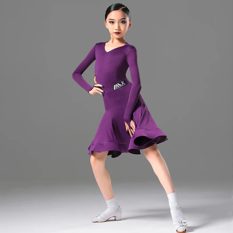 

Multi-Colors Latin Dance Competition Dress Girls Long Sleeve Bodysuit Skirt V-Neck Rumba Samba Tango Performance Costume YS5119