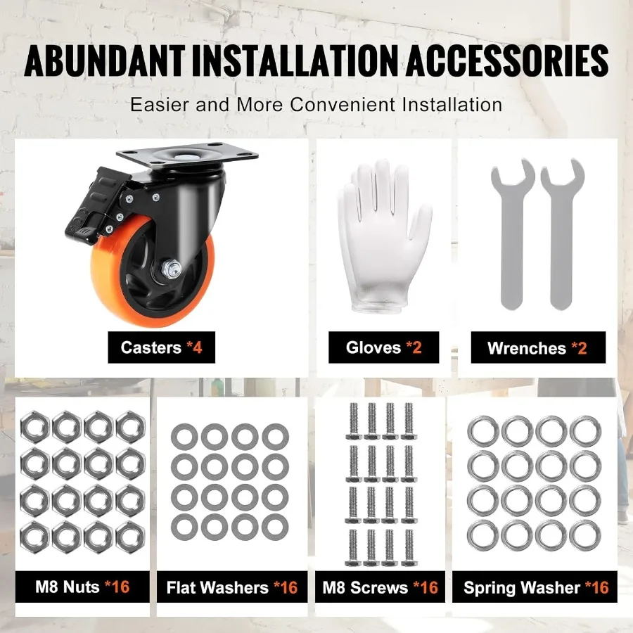 Caster Wheels 4inch Swivel Plate Casters Set of 4 with Security A B Locking No Noise PVC Wheels Heavy Duty 350 lbs Load Capacit