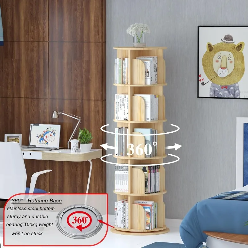 5 Tier Floor Standing Bookcase Storage Rack, Rotating Bookshelf,  Organizer for Bedroom, Study Room, Kids&Adults Solid