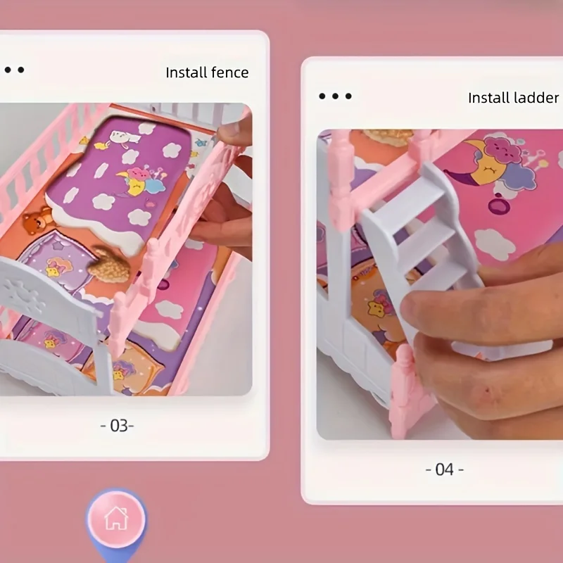 Charmant ensemble de jouets de lit superposé de style européen – Combinaison de meubles en plastique colorés, adapté aux jeux de rôle, décoration de la maison et