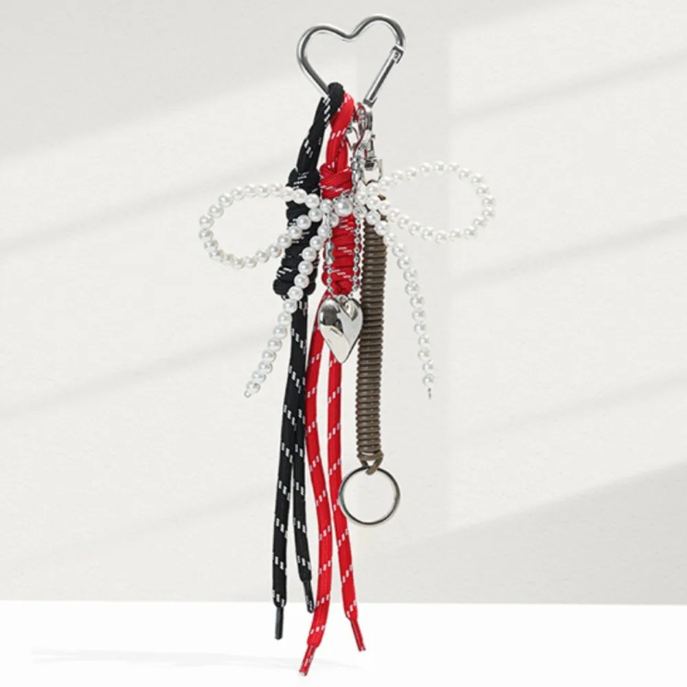 

Glossy Leather Pearl Bow Keyring Y2k Long Tassel Love Heart Backpack Pendant Korean Style Bead Bag Purse Decor