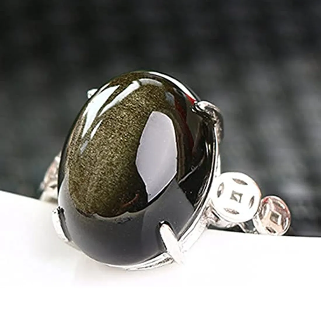 Anillo de obsidiana de oro Natural, joyería para mujer y hombre, regalo de riqueza, piedra de cristal, cuentas de plata de ley, anillo ajustable AAAAA, 16x12mm