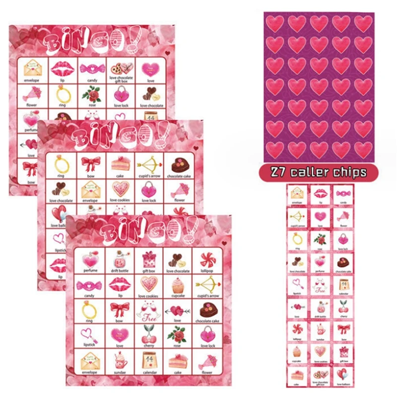 Valentines Day Bingo Game Cards 24 Players Replacement For Kids Party Card Games, School Classroom Games, Love Party Supplies