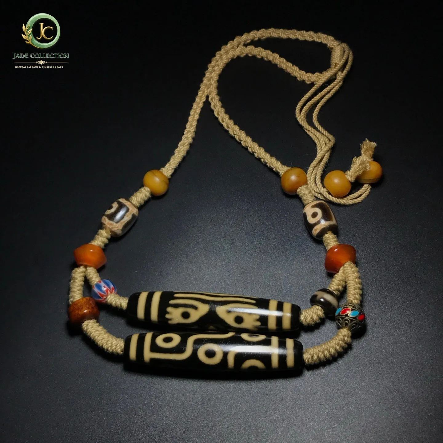 Rare Tibetan Old Agate DZi *Multiple patterns* Beads Amulet Necklace J0415