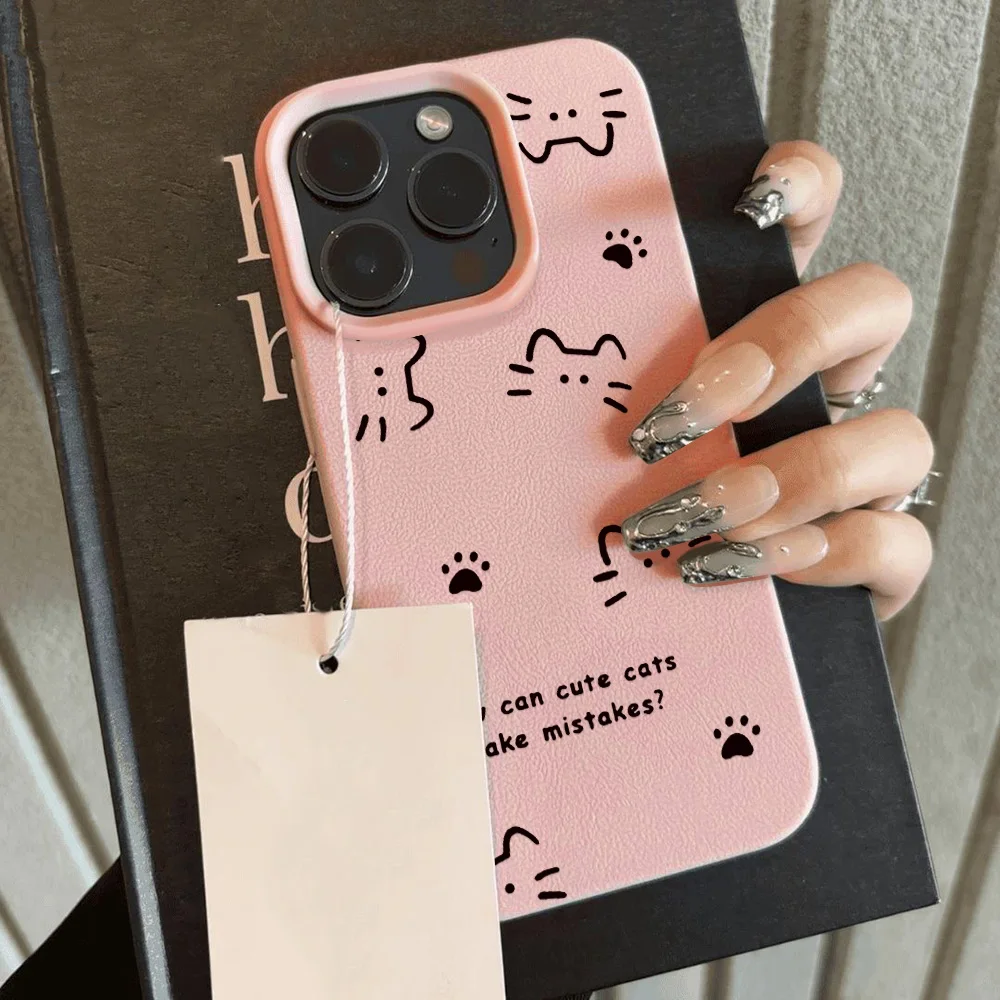 Lines Cute Cat Phone Case For iPhone 13 Case iPhone 15 16 11 12 14 17 Pro Max 17 Air Shockproof Bumper Soft Leather Cover Funda