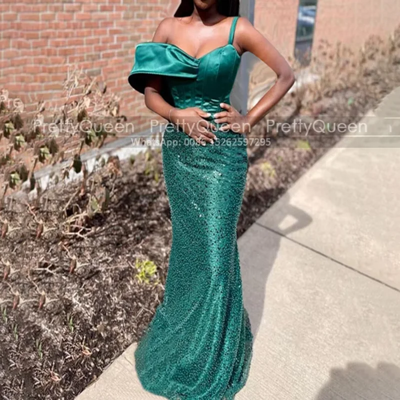 

Sequins Heavily Beaded Prom Dresses Mermaid Long Spaghetti Straps Off Shoulder Customized Emerald Green Sheath Party Dress