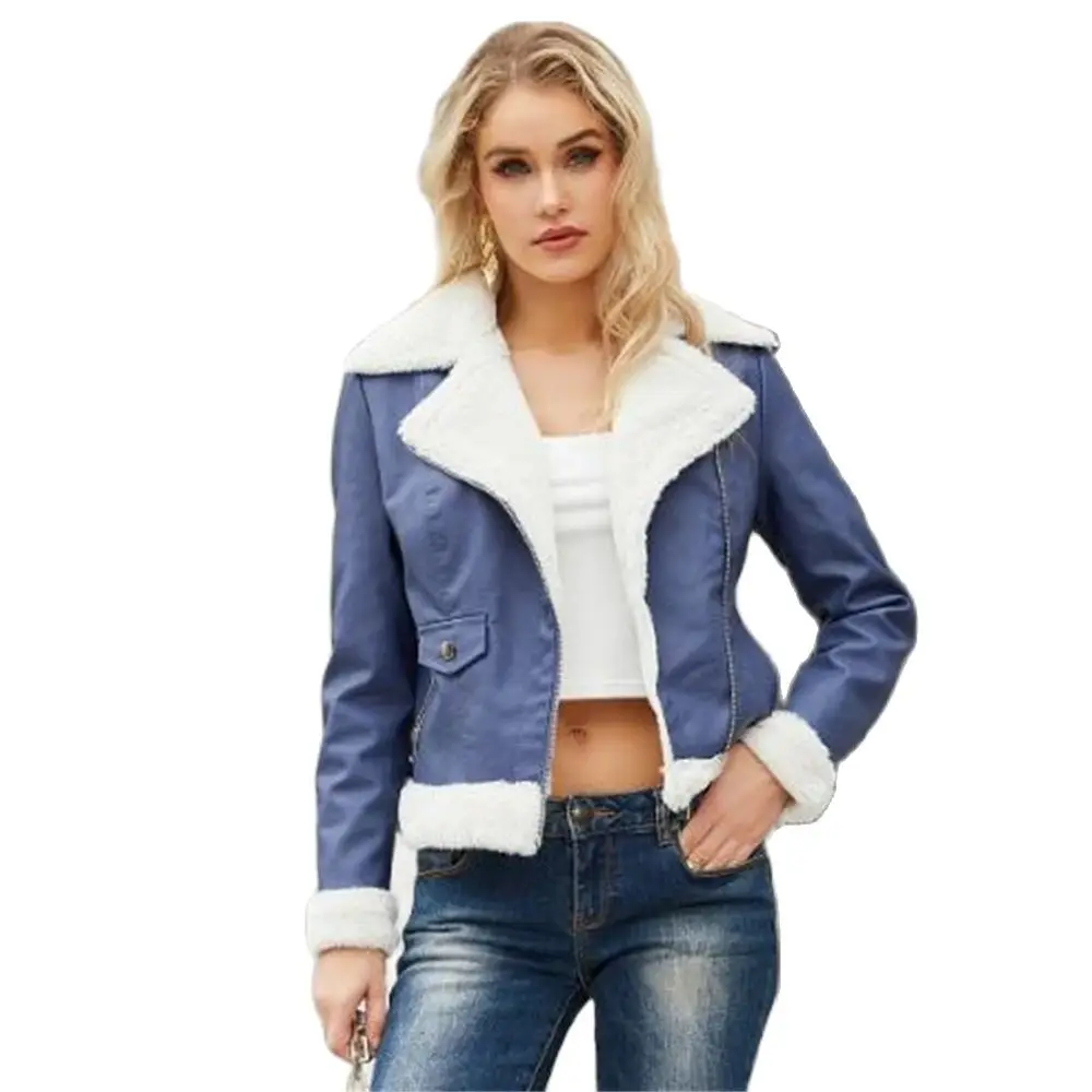 ผู้หญิงหนังOuterwearฤดูหนาวแฟชั่นLadyขนแกะรถจักรยานยนต์หนังเสื้อลําลองหญิงสั้นBikerแจ็คเก็ตเสื้อผ้าTops