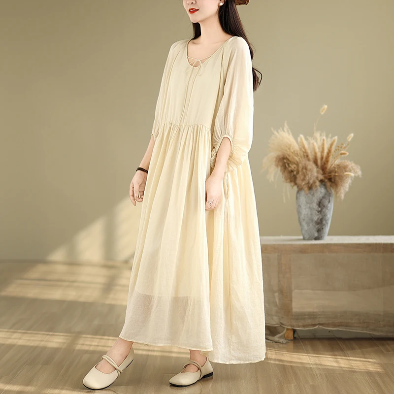 Primavera verão novo estilo chinês solto emaecimento aodão linho vestido f casual estilo preguiçoso cintura alta s...