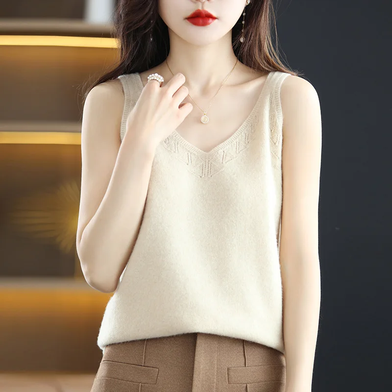 Hot Sale Summer New T-Shirt Sling Cashmere Knit Solid Color Sleeveless Women\'s 100% Wool Sling Cropped Pullover promotion 2022