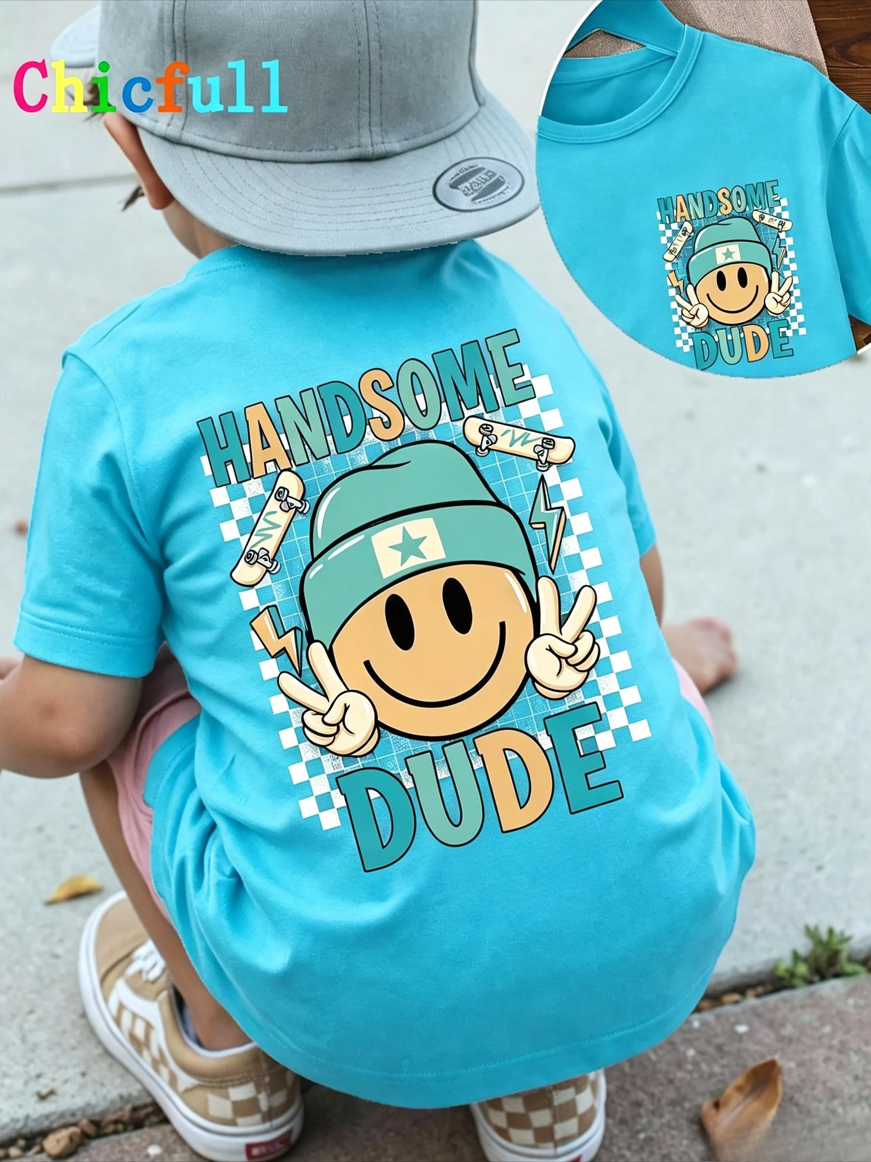 Brand Boys Short Sleeve T Shirt Front Back Print Handsome Dude Letter Cartoon Graphic Trendy Novelty Casual Kids Fashion Tee Top
