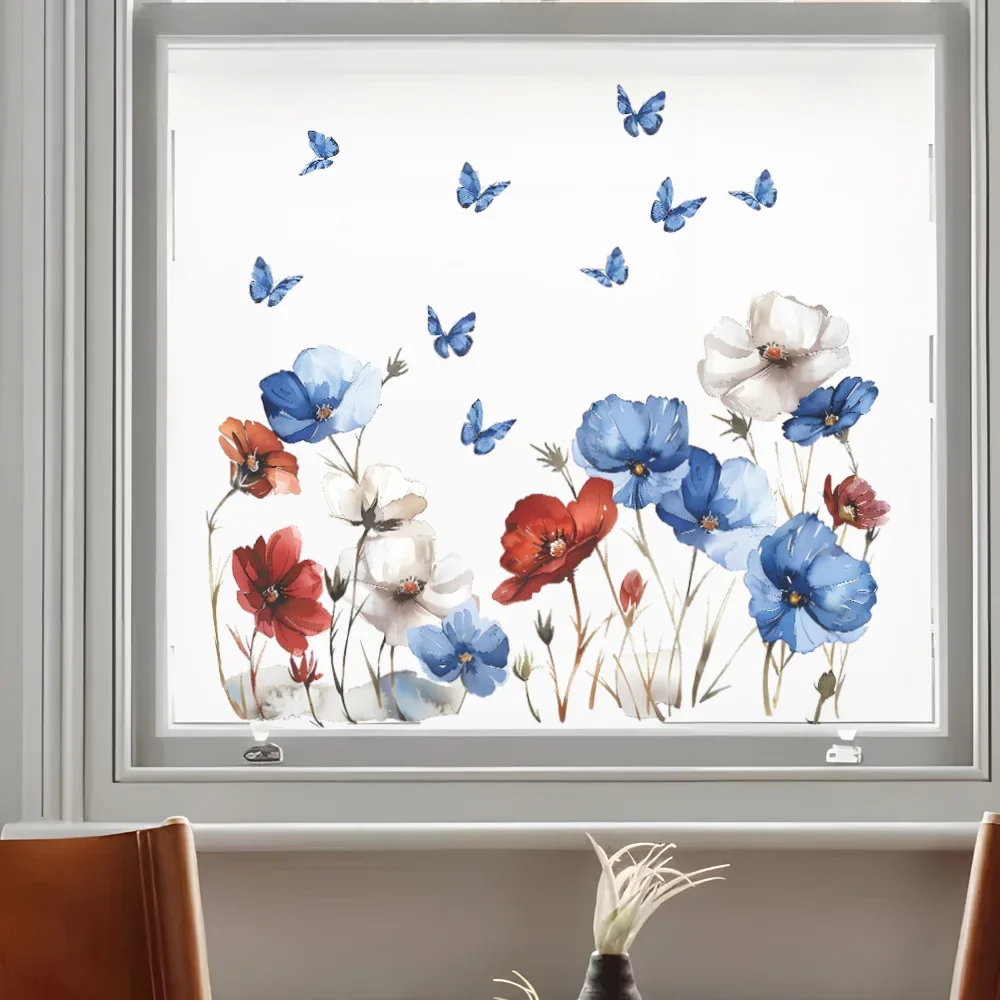 1PCS Watercolor Flower Poppy Glass Window Home Landscaping Decoration Electrostatic Uv Window Sticker