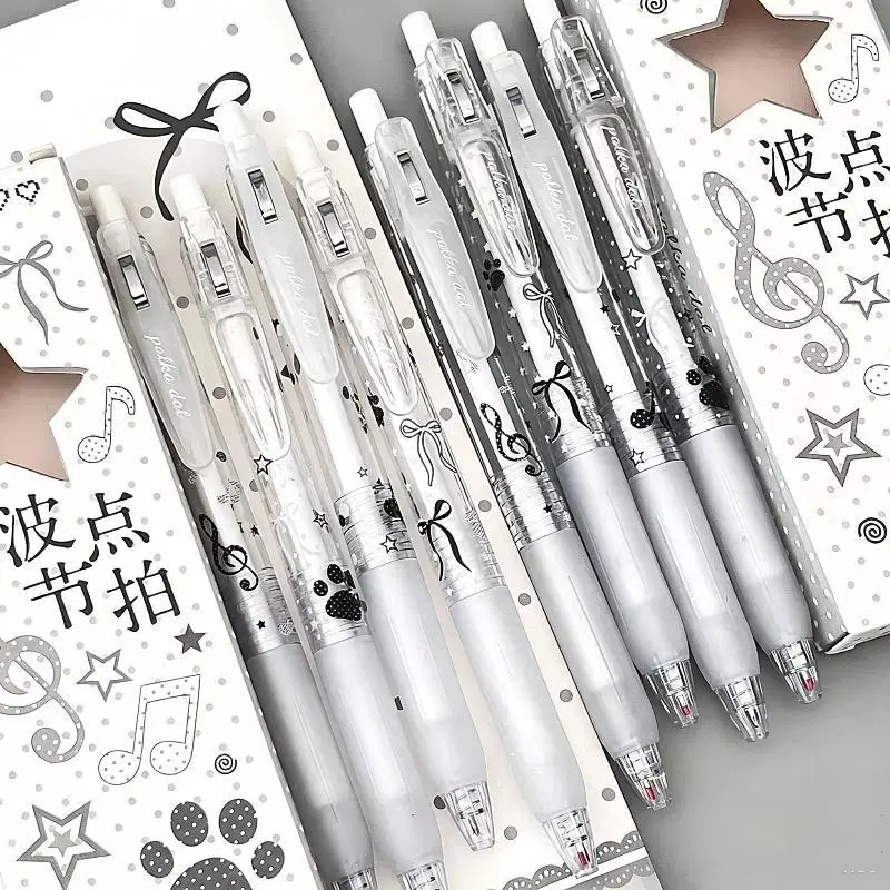 4 Pcs Press Type Neutral Gel Pens Cute Polka Dot Music Note Pattern for Kids Students Writing Exam Brush Question with Bow Box