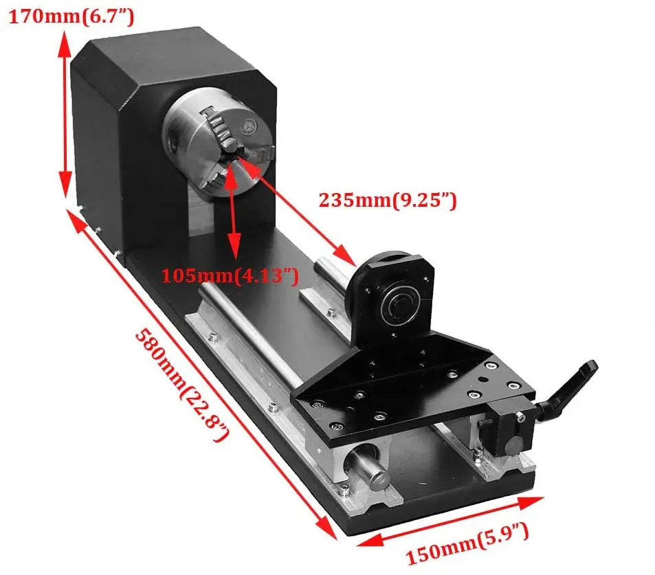 CNC Router Rotary Axis Attachment for CO2 Laser Engraving Cutting Machine with 80mm 3-jaw Chuck 2Phase Stepper Motor