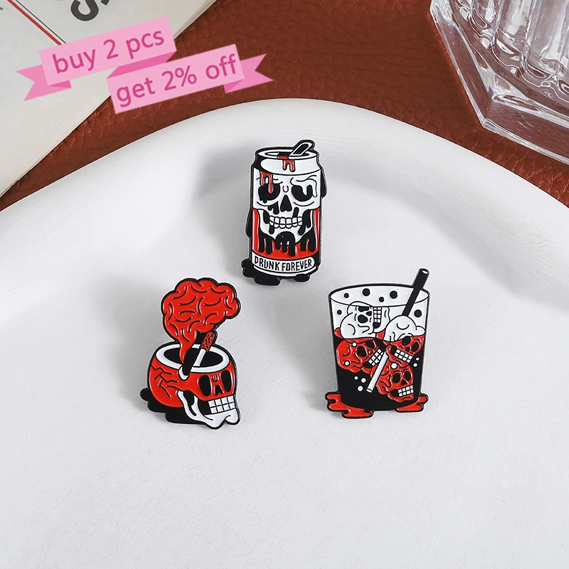 Custom Skull Soda Drink Enamel Pins Brooches Lapel Badges Clothes Punk Gothic Jewelry Gift for Kids Friends
