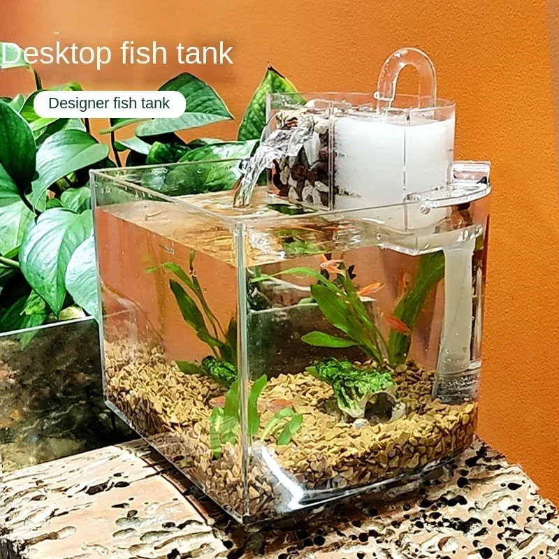 Mini Acrylic Aquarium Transparent Fish Keeper Fishbowl Portable Desktop Fish Tank for Betta Tropical Fish Starter Kit