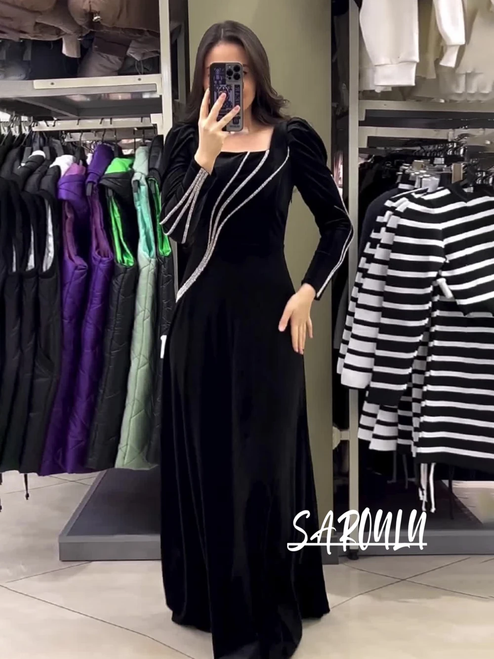 Elegant Square Neck Velvet Evening Dress, Women A Line Prom Gown, On Sale, Modern Silver Details Party Dresses, Plus Size