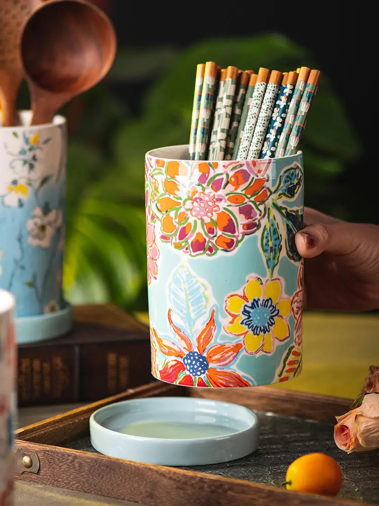 

Flower season chopstick holder household ceramic drain chopstick holder kitchen new chopstick cage knife fork spoon storage bin