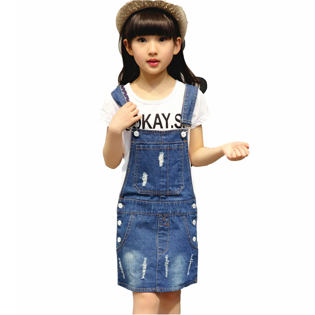 

KIDSCOOL SPACE Summer Children Kids Girls Elegant Cute Ripped Big Bibs Denim Overalls Dress