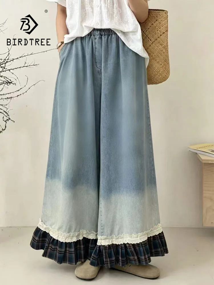 New 2026 Autumn Women Denim Trousers, Elastic Waist Ruffles Lace, Mori Girl Age Reduction Casual Lazy Wide-leg Jeans B68125CC