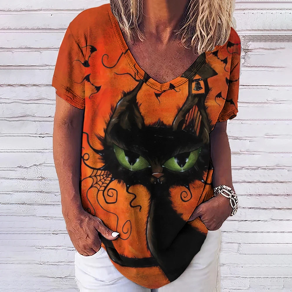 

Women's T-shirt 3D fashionable cat print V-neck short sleeved basic top street wear summer casual loose fitting women's clothing