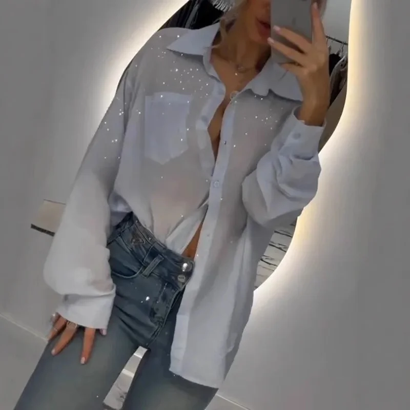 光沢のあるスパンコールのゆったりとした薄手のシャツ、レディースオープンカーディガンスタイル、カジュアルな長袖ポロ襟、レギュラー丈、無地、ボタン付き