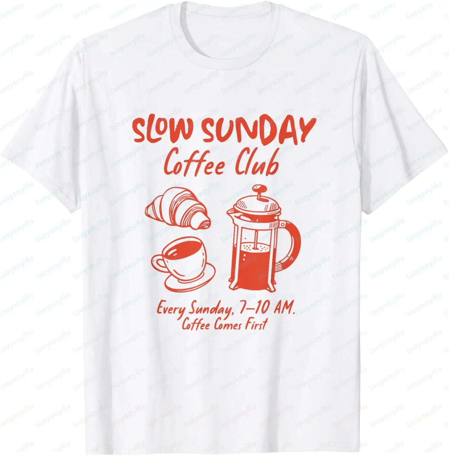 Slow Sunday Coffee Club Croissant French Press Coffee Lovers T-Shirt Fashionable, Casual and Breathable High-end Men's Clothing
