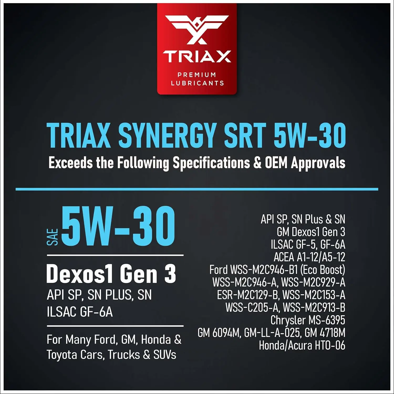 TRIAX Synergy SRT 5W-30 - Full Synthetic, Friction Modified Engine Oil - 20K Miles, API SP Licensed, 3x Wear Protection - Nano B