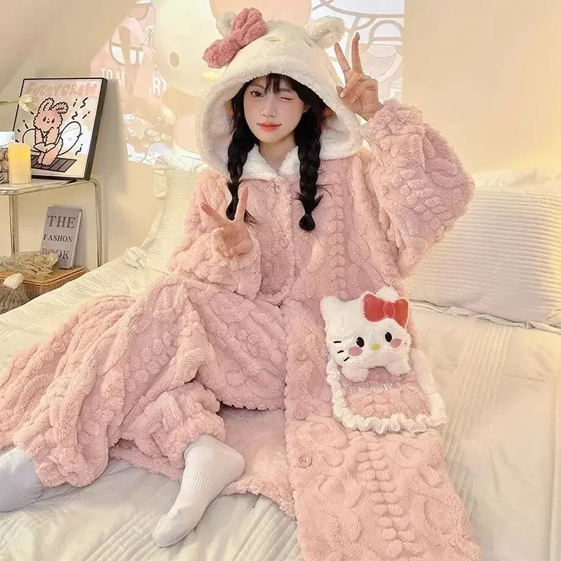 Sanrio Hellokitty Coral Velvet Pajamas Female 2024 Winter New Thickened Plush Homewear Suit Robe Two-piece Anime Pajamas