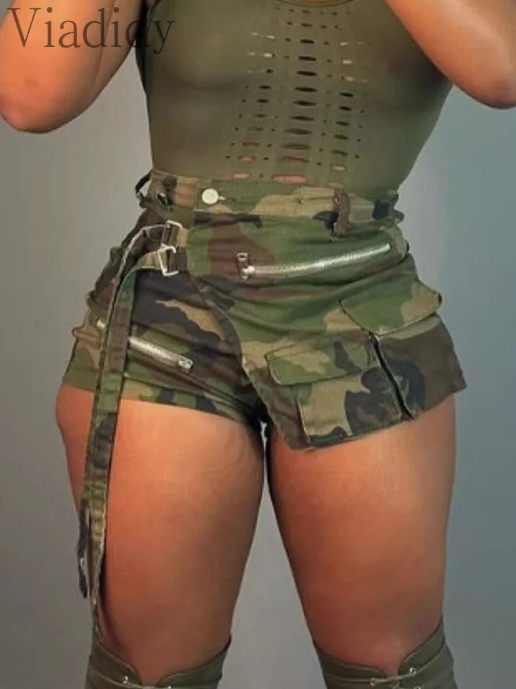 Short décontracté avec fermeture éclair pour femme, taille haute, poche camouflage