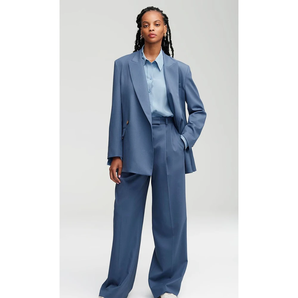 Simple Light Blue Peak Lapel Women Suit 2 Piece Set Single-Breasted Oversize Office Casual Female Clothing (Jacket +Pant）
