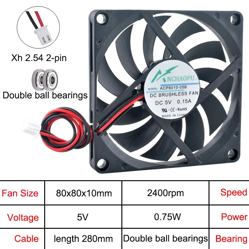 （3PCS）ACP8010 Ultra-Thin 8cm 80mm Cooling Fan 80x80x10mm DC5V/12V/24V 2-Pin for CPU Power Supplies Chassis