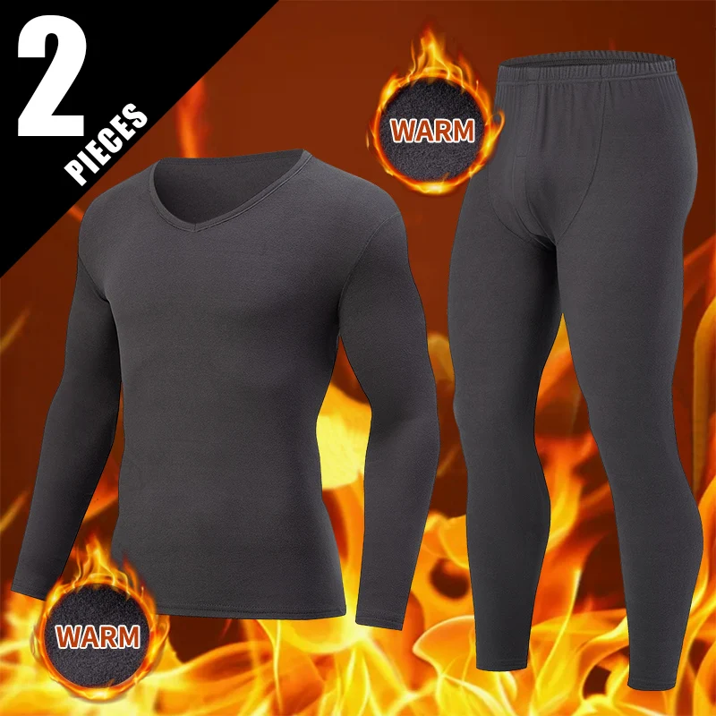 

2-piece Men's Autumn And Winter Solid Color Casual V-neck Basic Warm Underwear Set Comfortable Sports And Fitness Base Shirt