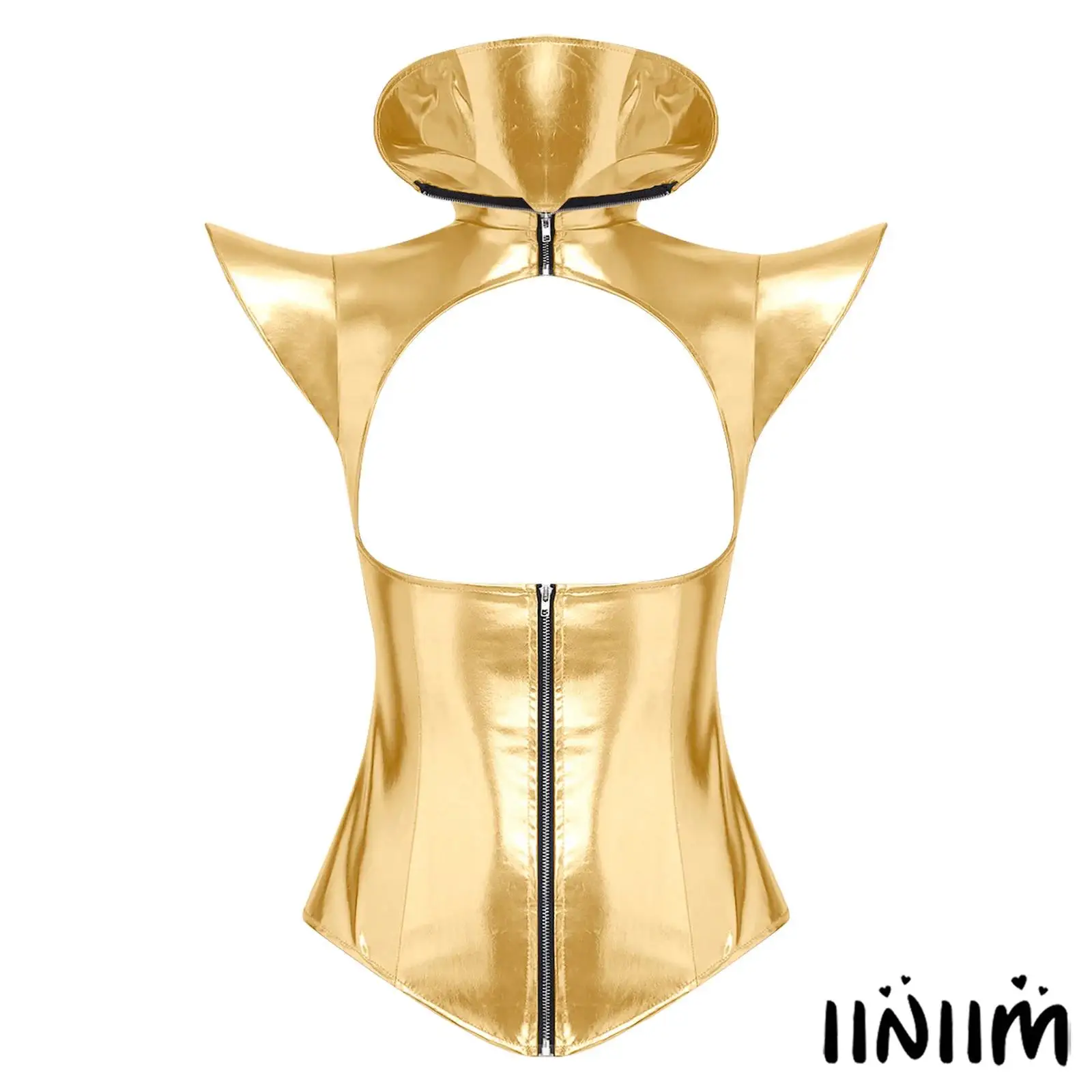 

Women Shiny Metallic Armor Corset Top Stand Collar Fly Sleeve Front Cutout Zip-up Bustier Crop Top for Halloween Cosplay Show