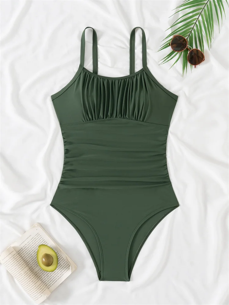 

One Piece Swimwear Women Solid Ruched Swimsuit 2025 New Sexy Sling Backless Monokini Bodysuit Bathing Suit Female Summer Beach