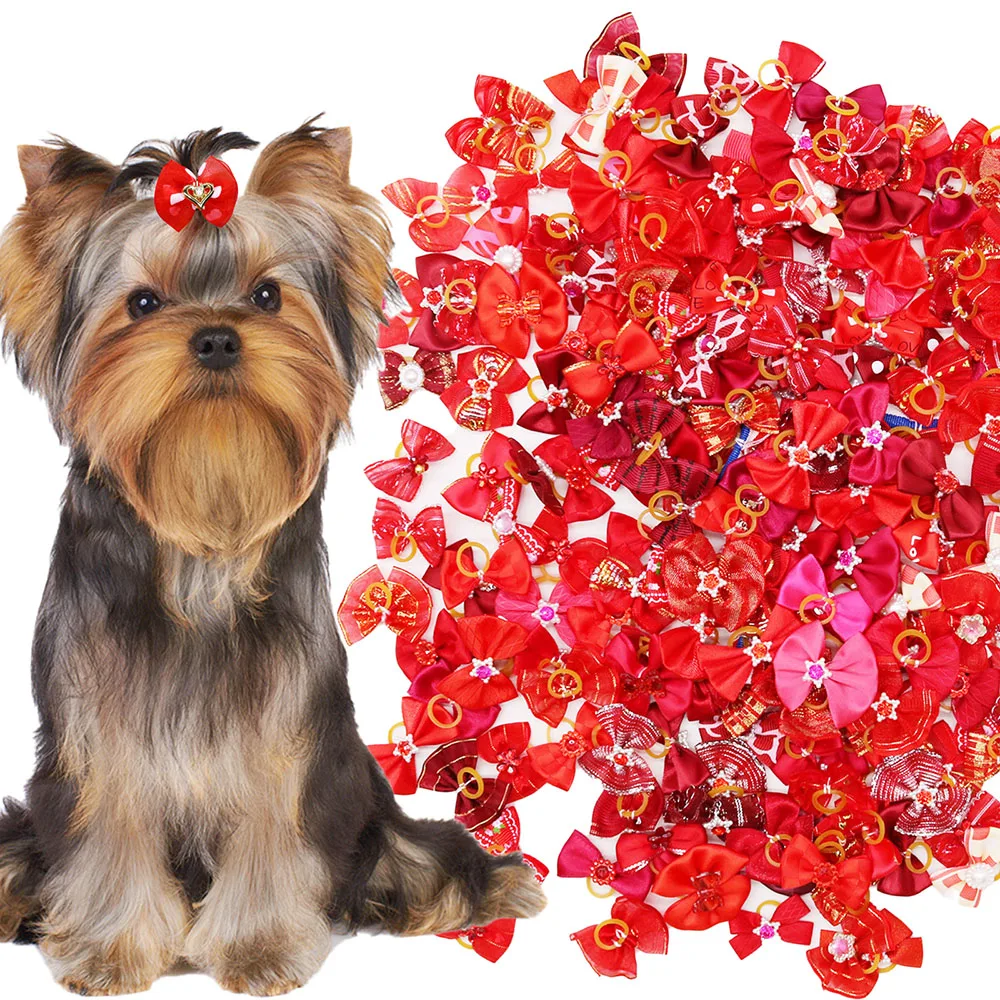 10/20PCS Puppy Bows 2024 New Red Series Dog Bows With Rubber Bands Pet Accessories For Dogs and Cats Handmade Cute Dog Bowknots