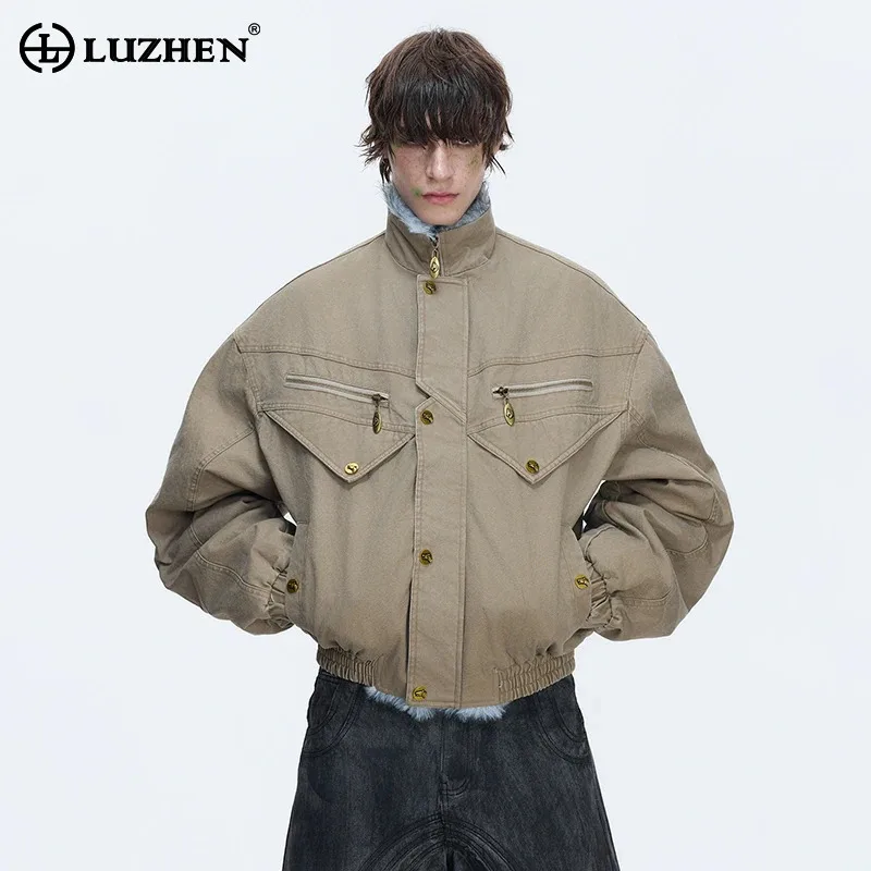 LUZHEN 2026 Winter Fashion Solid Color Faux Fur Splicing Collar Thickened Warm Parka Jacket Men's Handsome Padded Coat JY5911