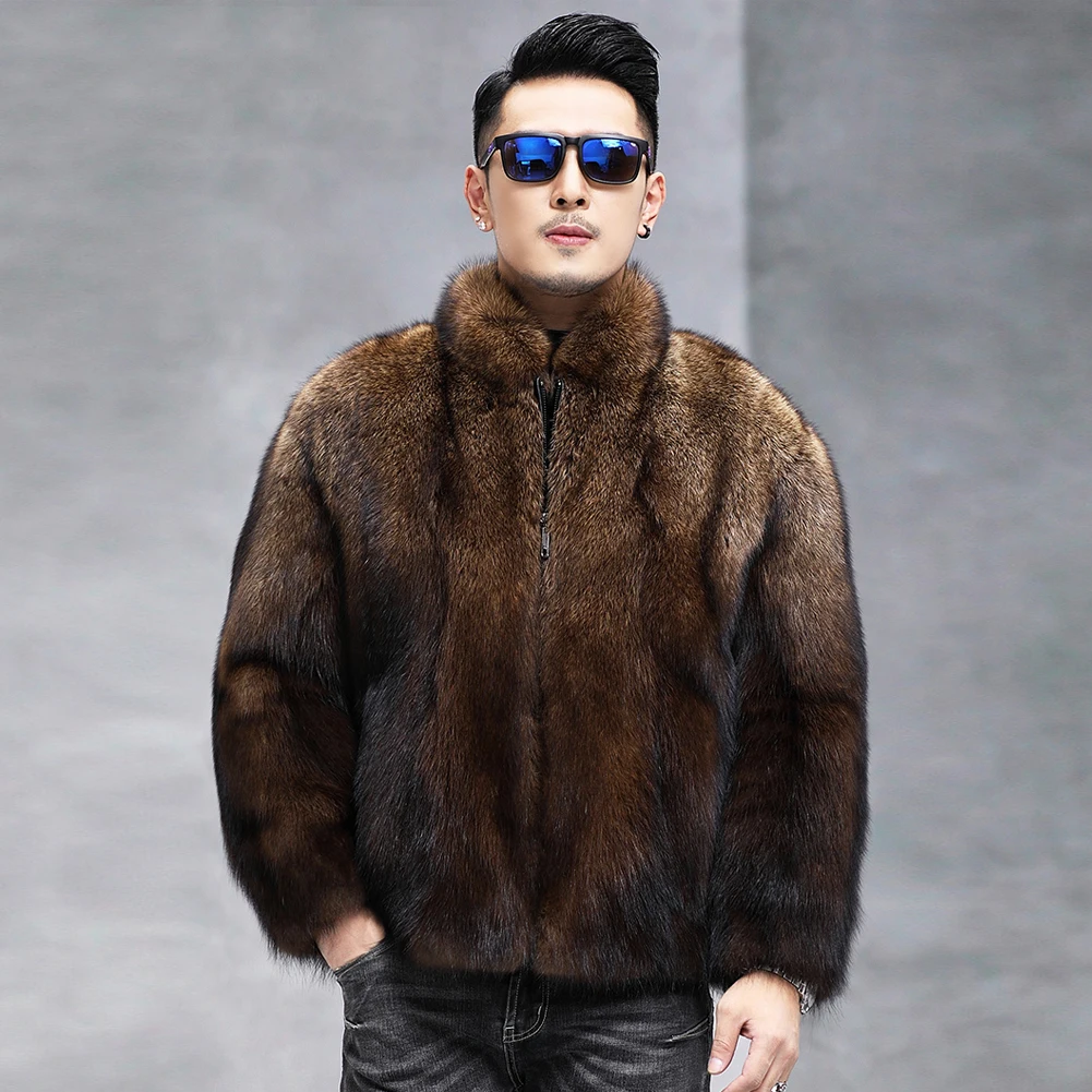 Denny&Dora Mens Mink Fur Jacket Short Fur Coat For Men Casual Mink Fur Coat Brown Stand Collar Fur Coat