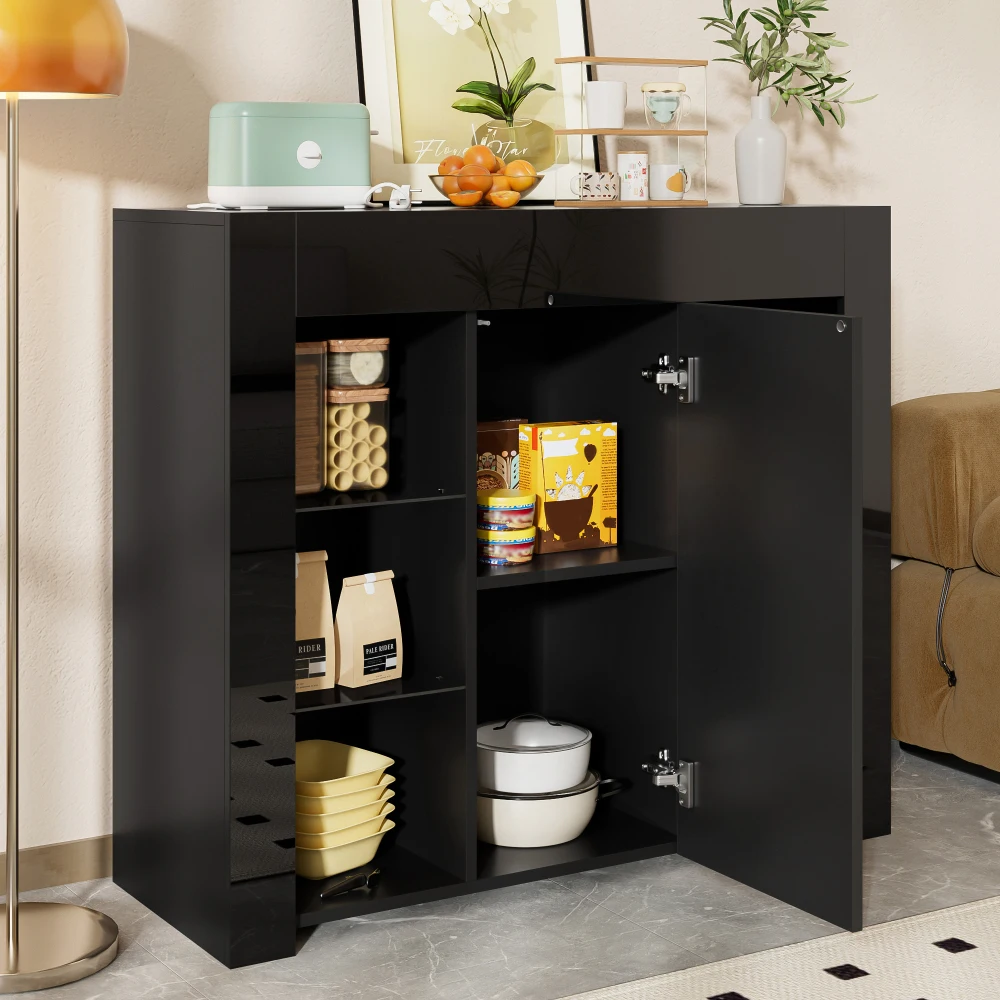 Morden Schwarzes Buffet mit Hochglanzfront, kompakte, stilvolle Aufbewahrungslösung mit Glasböden und Schranktür für das Wohnzimmer – Detail 3