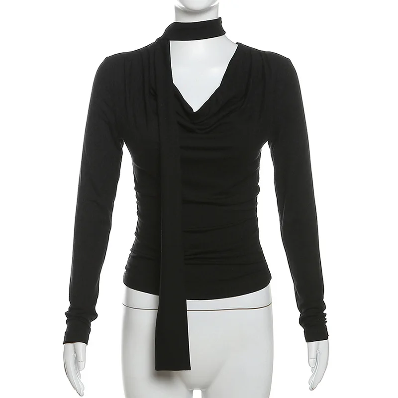 SylCue تي شيرتات عصرية غير رسمية للنساء مكشكشة بسيطة على شكل حرف v وأكمام طويلة نحيفة قابلة للتمدد قطع علوية أساسية بسيطة ملابس الشارع الشهير #6