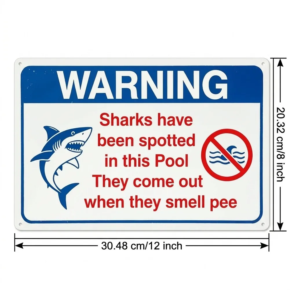 Blue Shark-Themed Pool Sign 12x8 Inch Metal Don't Pee in Our Pool Humorous Outdoor Decor for Backyard Fence or Wall