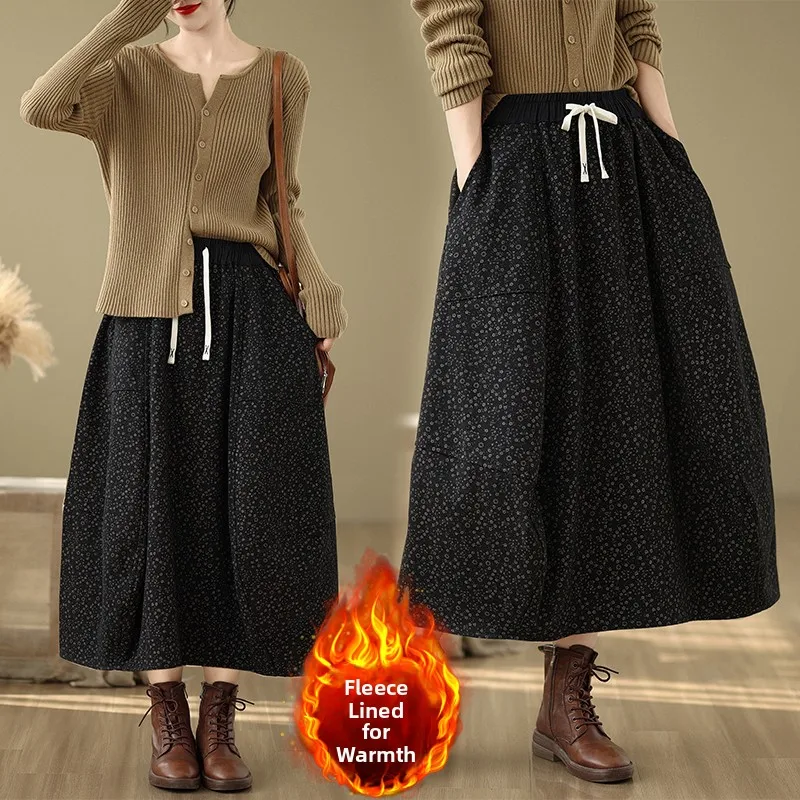 

Retro Floral Print Fce Lined Denim f Skirt with Dstring And Belt High Waist Slimming Long a Line Skirt for Women