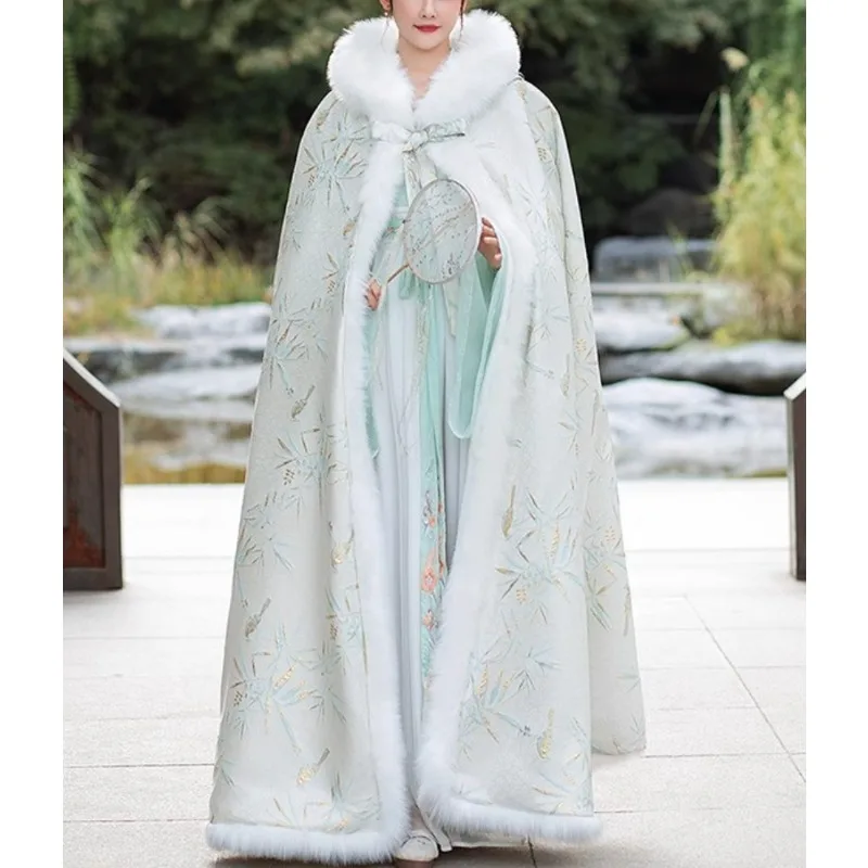 

Hanfu Cape Long Shawl Traditional Chinese Style with Hat Fashionable Comfort Warm Cape New Winter Coat with Fleece and Thickened