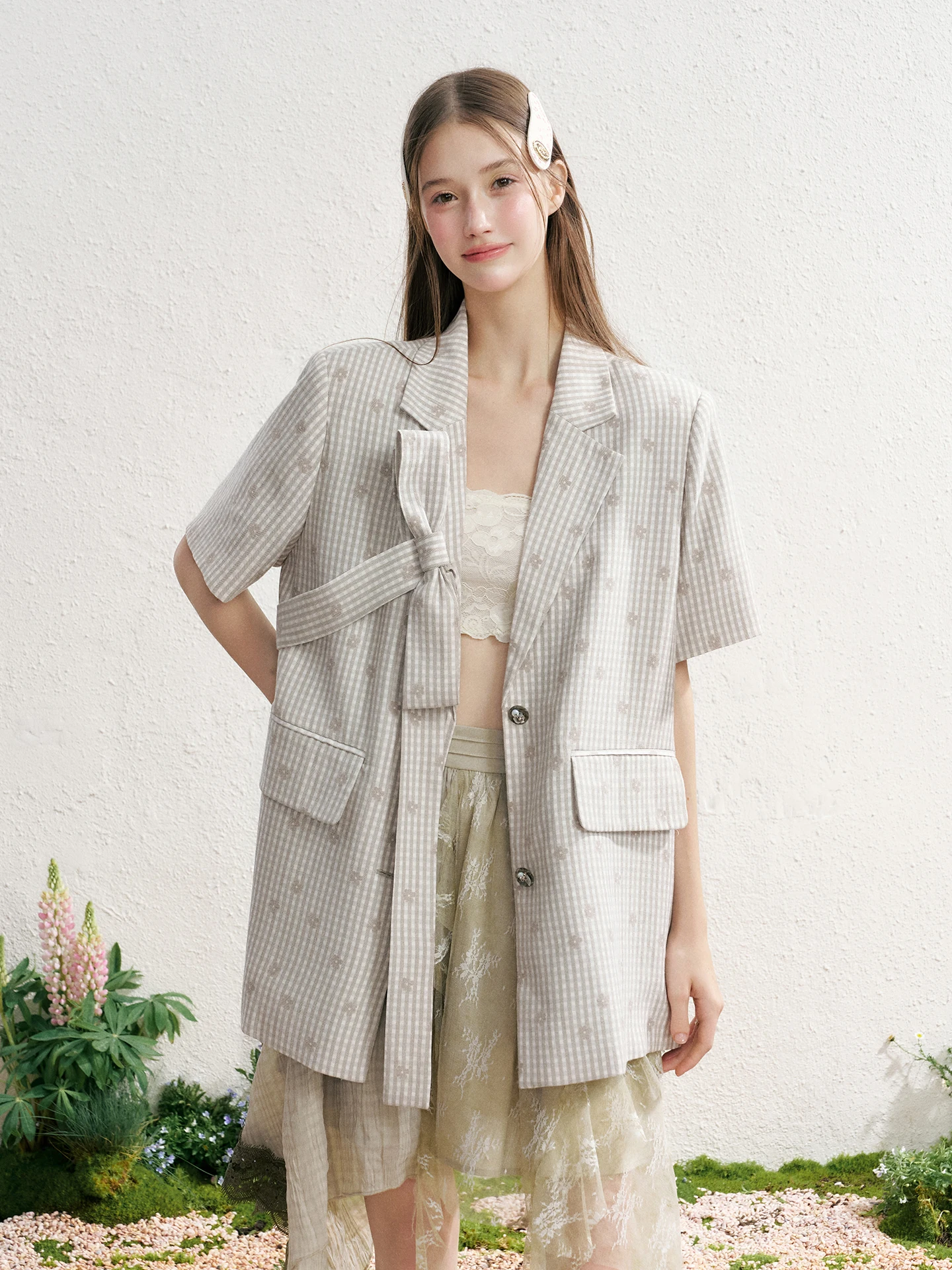 

Sweet And Cool Knot Plaid Short Sleeve Shoulder Length Women's Suit Jacket Spring Summer New Arrival Korean Style
