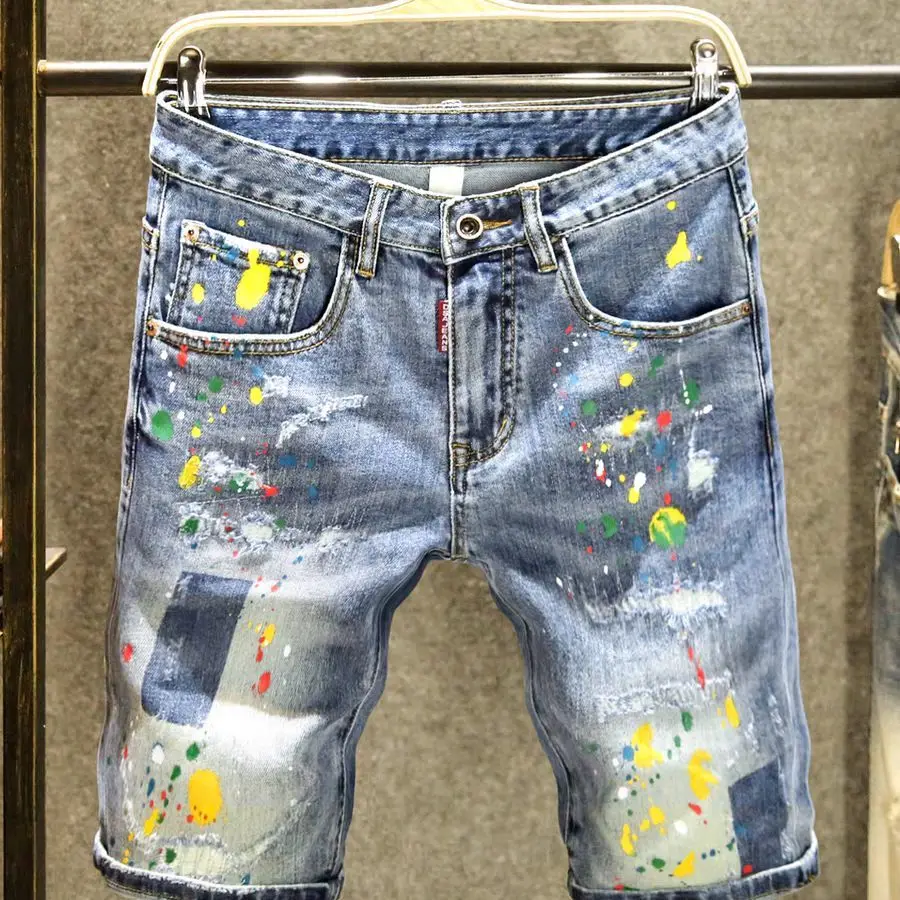 Summer 2026 Trendy Brand Shorts Denim Ruffian Handsome Ripped Patch Jeans Trendy Slim-fitting Splashing Ink Loose Half Pants