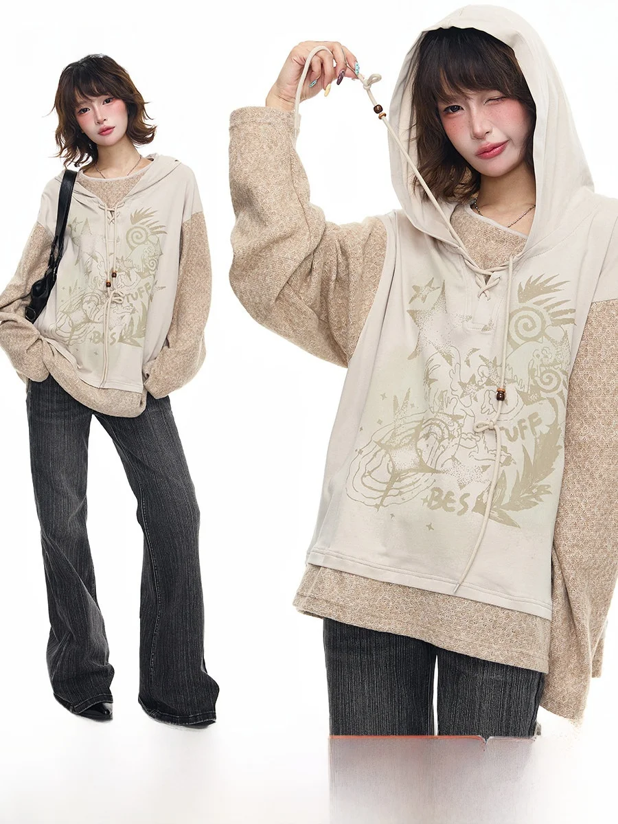 

Sanowers American Retro Hooded Long Sve T-irt Women's Spring Autumn Loose Versatile Couple's Top Print Casual Faion