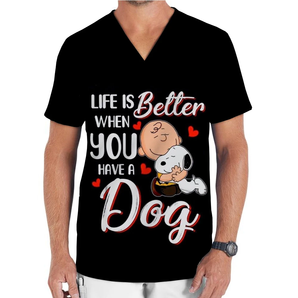 Snoopy cartoon printed men's nurse dress V-neck short sleeved T-shirt men's nurse top hospital accessories